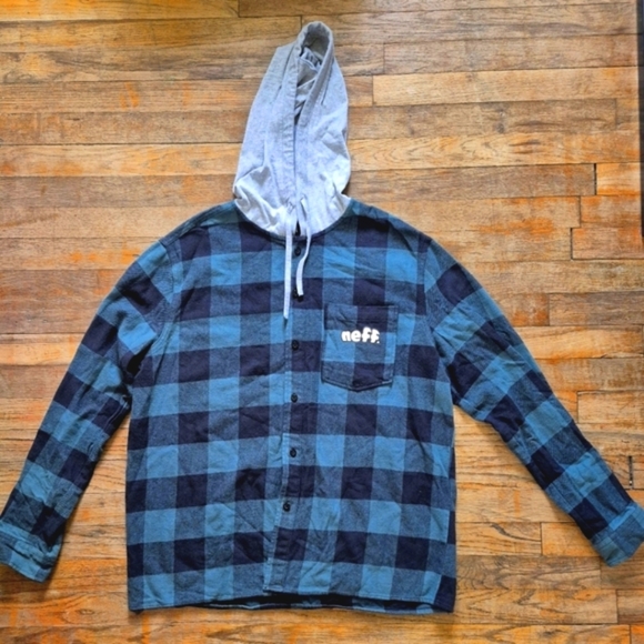 NEFF Men's Flannel Hooded Button Up Long Sleeve Green/Black - Small - Picture 6 of 6